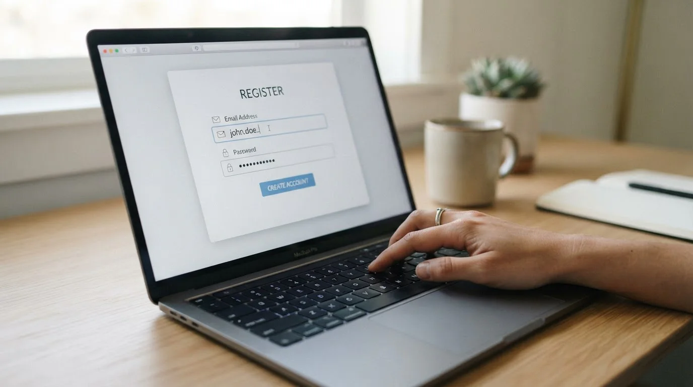 Pantalla de laptop mostrando formulario de registro con campos de email y contraseña siendo completados