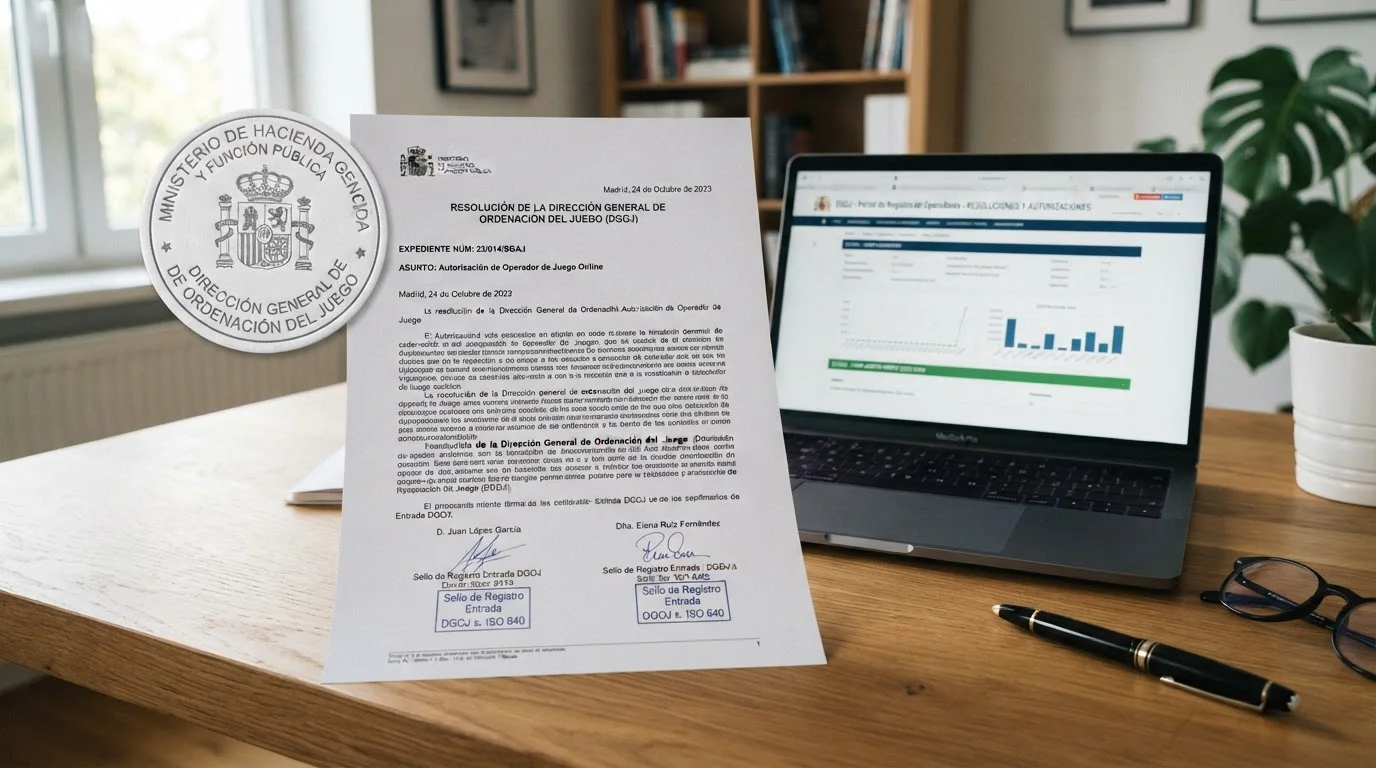 Documento legal con sello DGOJ sobre escritorio junto a laptop mostrando normativa española de juego online