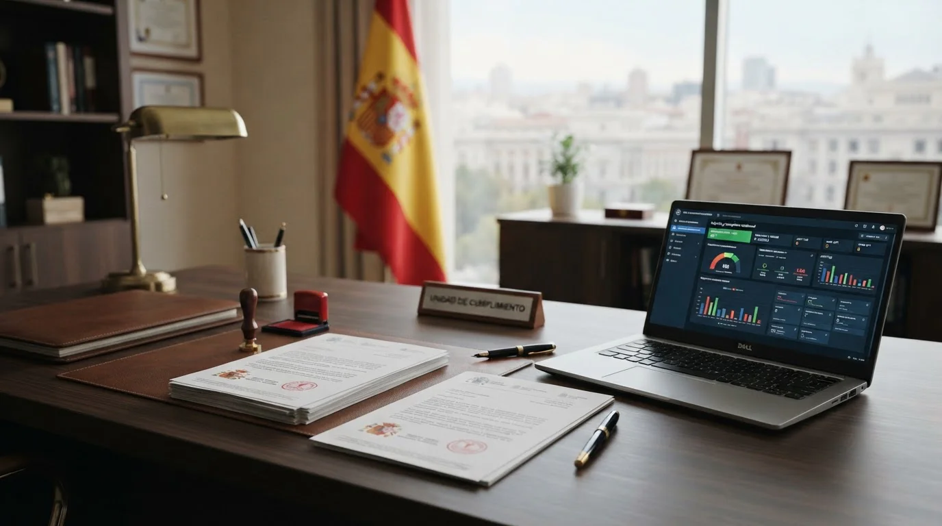 Documentos oficiales con sellos gubernamentales y ordenador portátil mostrando panel de cumplimiento normativo en España