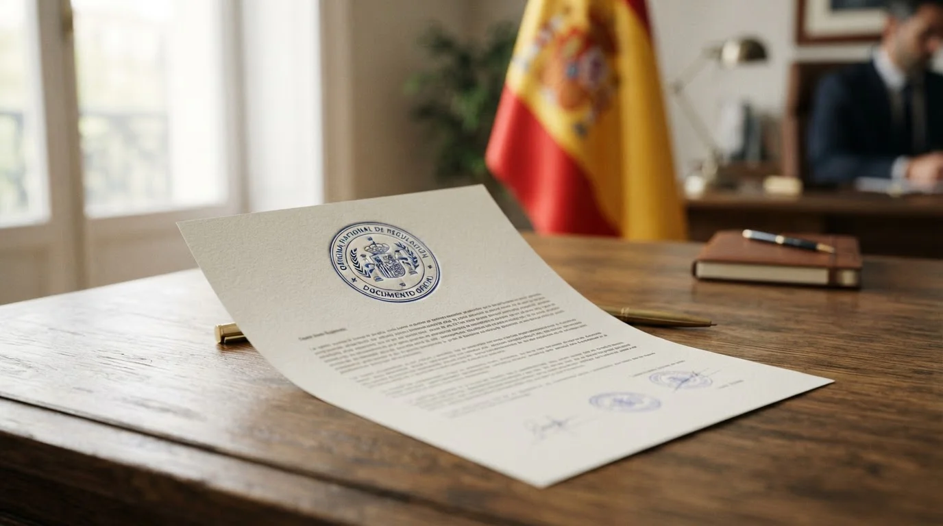 Documento oficial con sello DGOJ sobre escritorio con bandera de España
