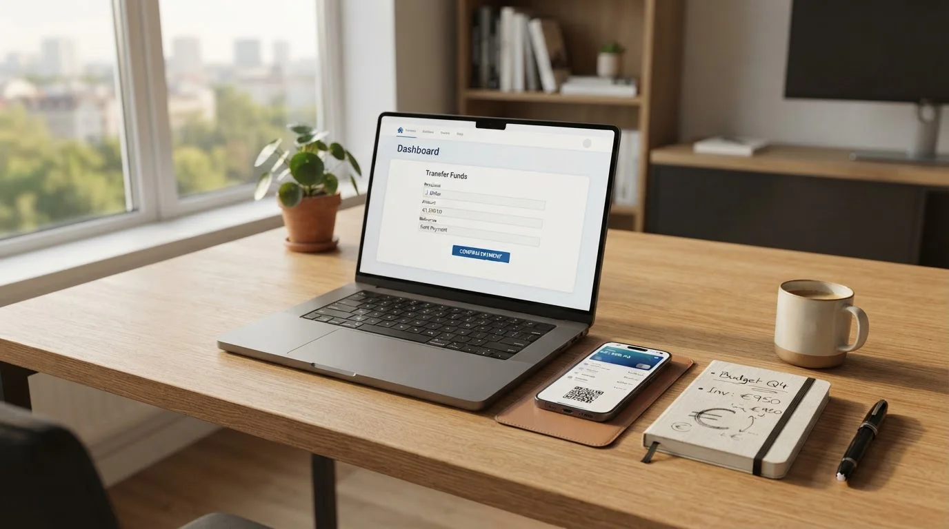 Escritorio con laptop mostrando interfaz bancaria, smartphone con app de wallet digital y cuaderno con símbolo euro