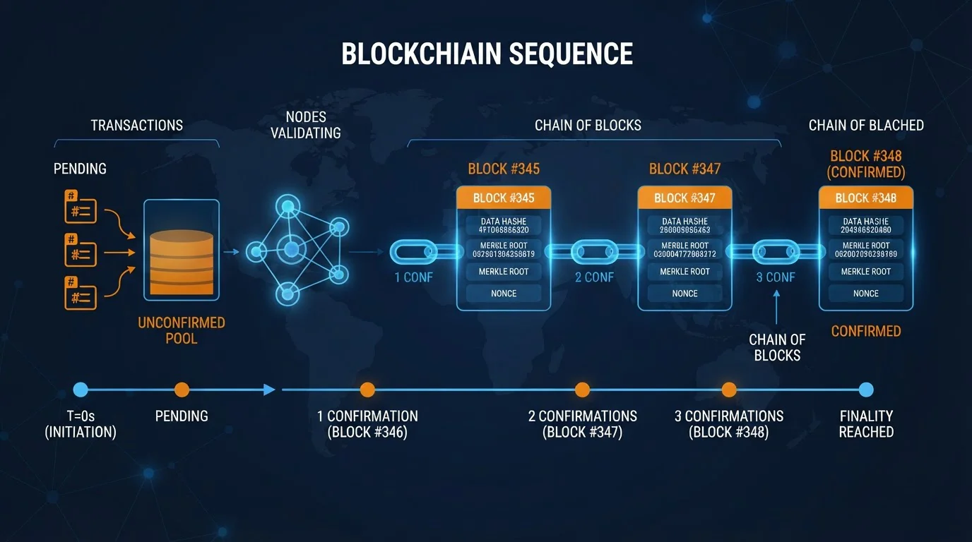 Gráfico limpio mostrando tiempos de confirmación blockchain con bloques conectados