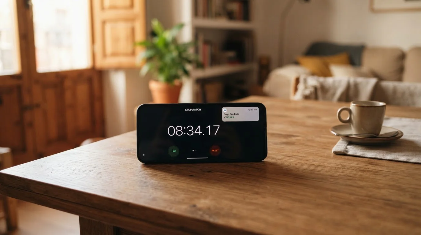 Cronómetro y dispositivo móvil mostrando notificación de pago completado