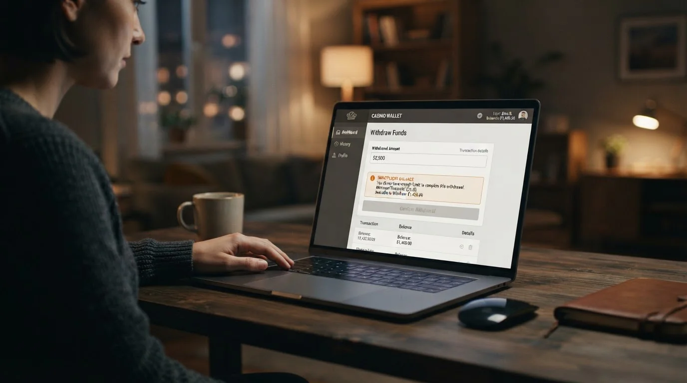 Pantalla de cajero de casino online mostrando saldo insuficiente para retiro mínimo