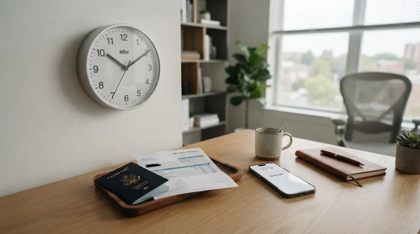 Reloj y documento de verificación KYC sobre escritorio con smartphone