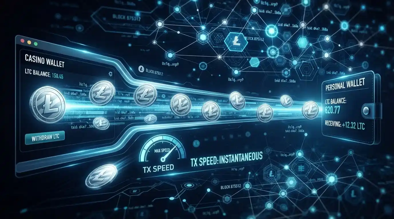 Visualización digital de retiro rápido con monedas Litecoin fluyendo de interfaz casino a wallet personal