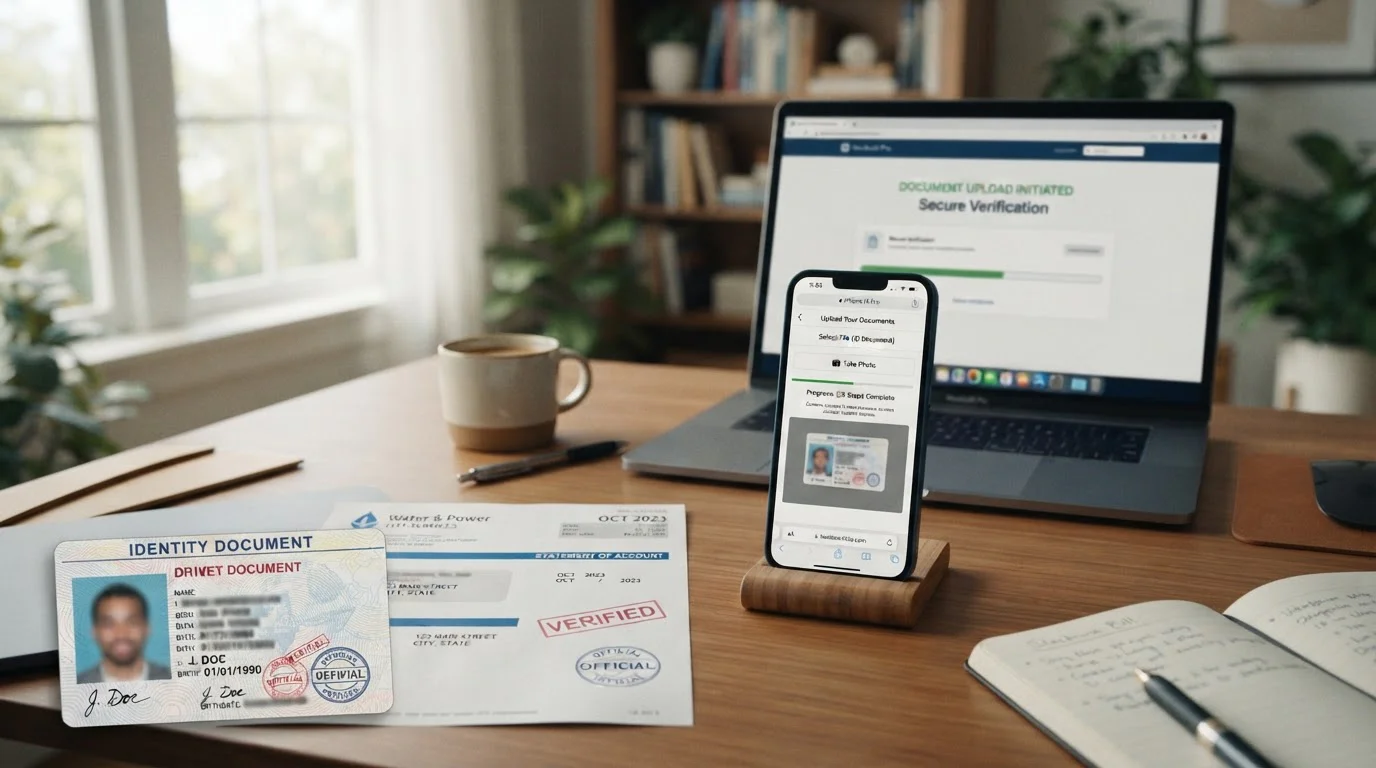 Escritorio con documentos oficiales de identidad, factura de servicios, smartphone mostrando interfaz de carga de documentos y portátil al fondo