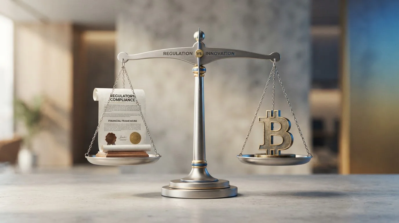 Balanza simbólica con protección regulatoria en un lado y acceso Bitcoin en otro