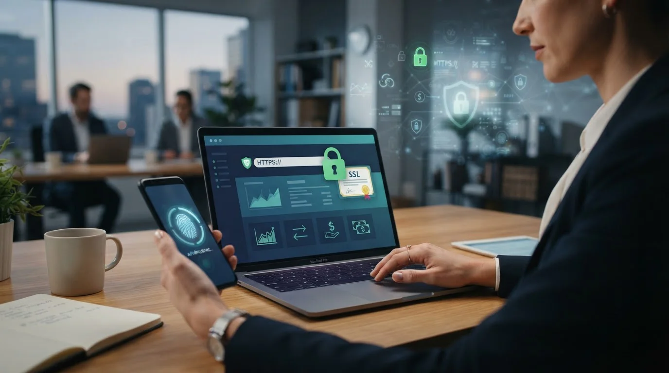 Candado de seguridad digital sobre interfaz bancaria con símbolos de cifrado SSL y autenticación biométrica