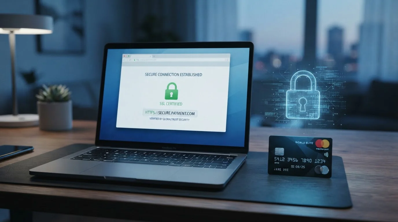 Candado de seguridad digital con símbolo de Mastercard y certificación