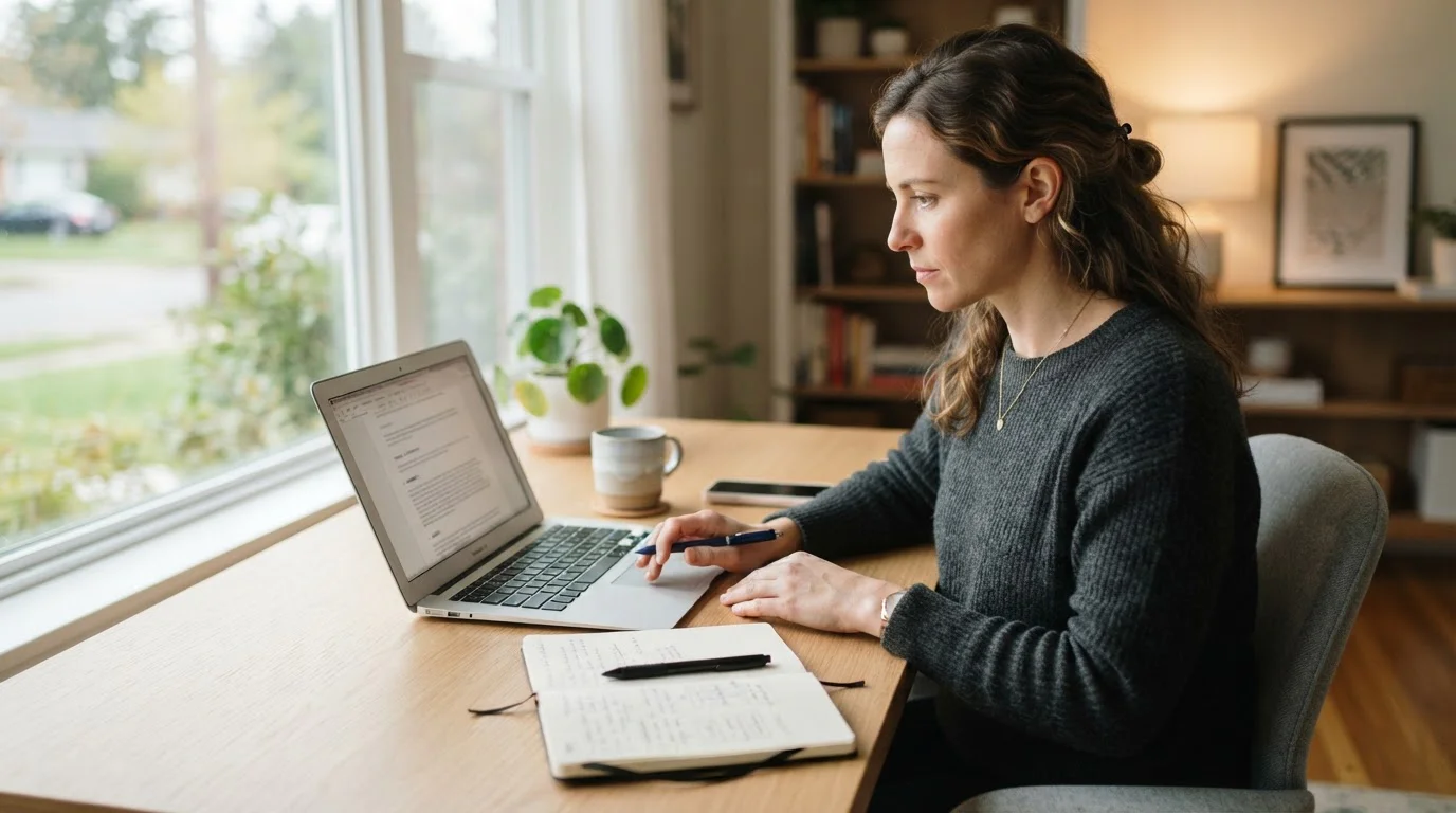 Persona revisando términos y condiciones en laptop con libreta de notas