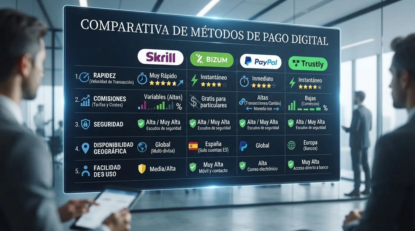 Gráfico comparativo mostrando velocidades de Skrill, Bizum, PayPal y Trustly