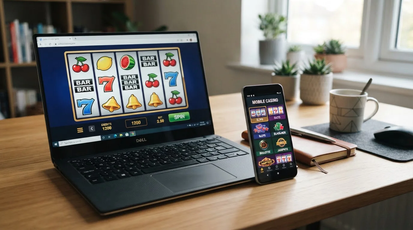 Portátil con tragaperras de símbolos genéricos en pantalla y smartphone mostrando casino móvil sobre escritorio