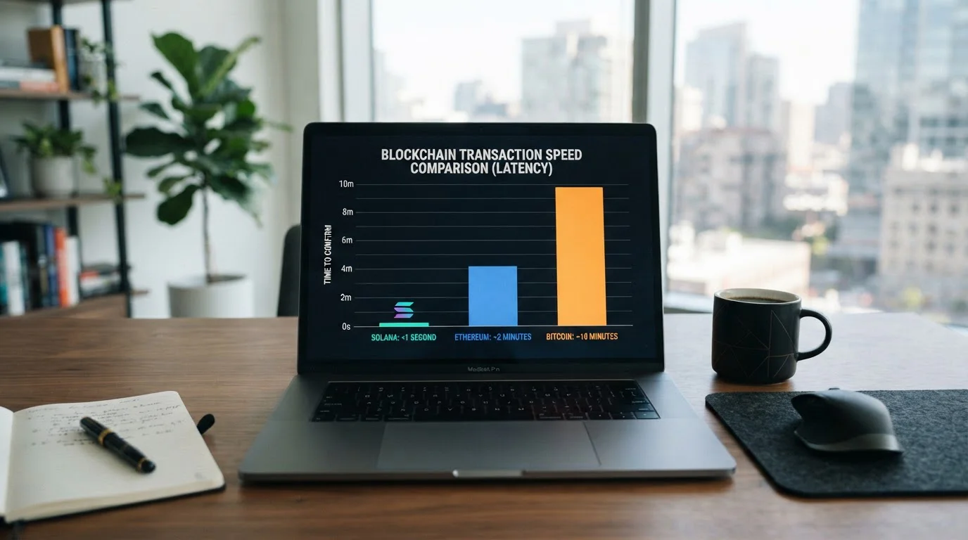 Laptop mostrando gráfico de velocidad de transacciones blockchain con Solana destacada en primer plano