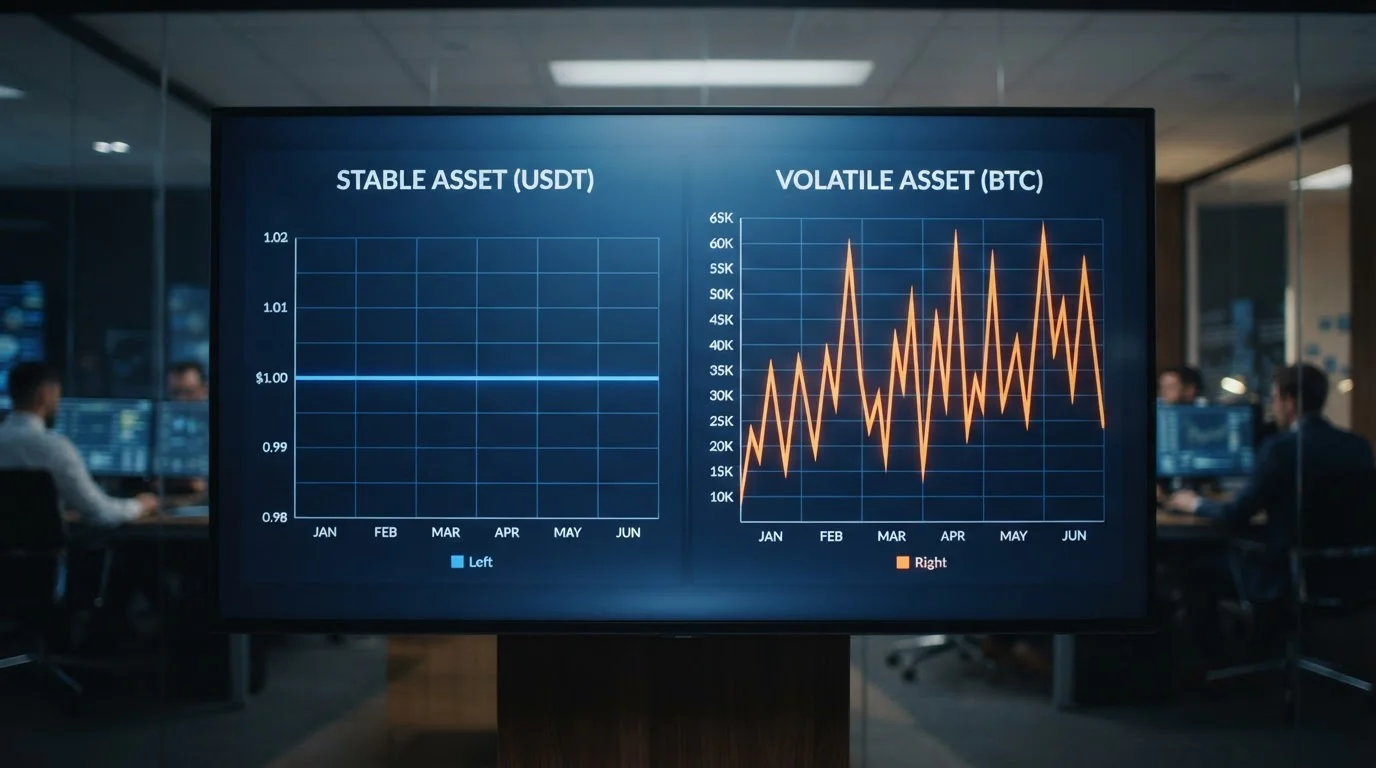 Gráfico mostrando estabilidad del precio de USDT versus volatilidad de Bitcoin y Ethereum