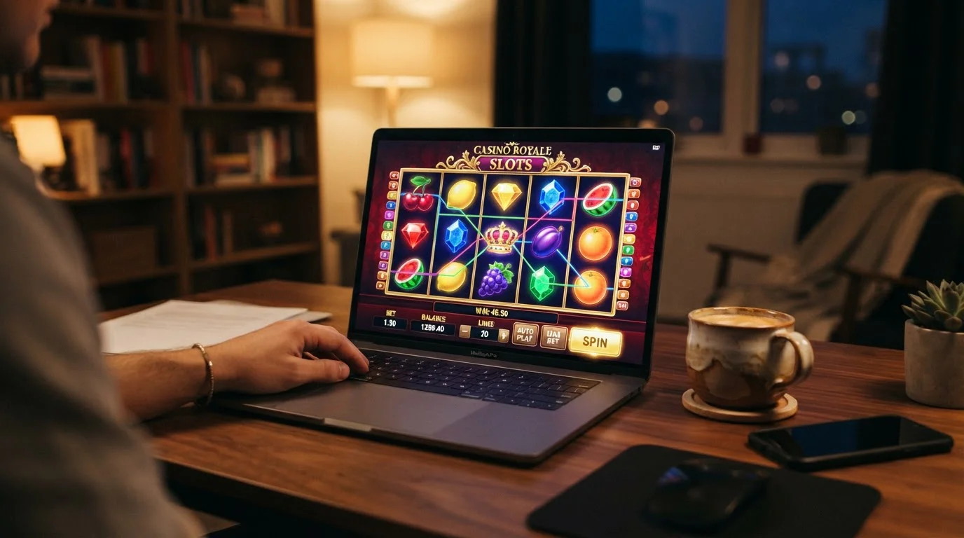 Pantalla de portátil mostrando interfaz de juego de tragaperras con rodillos de colores y símbolos genéricos en escritorio de casa con taza de café