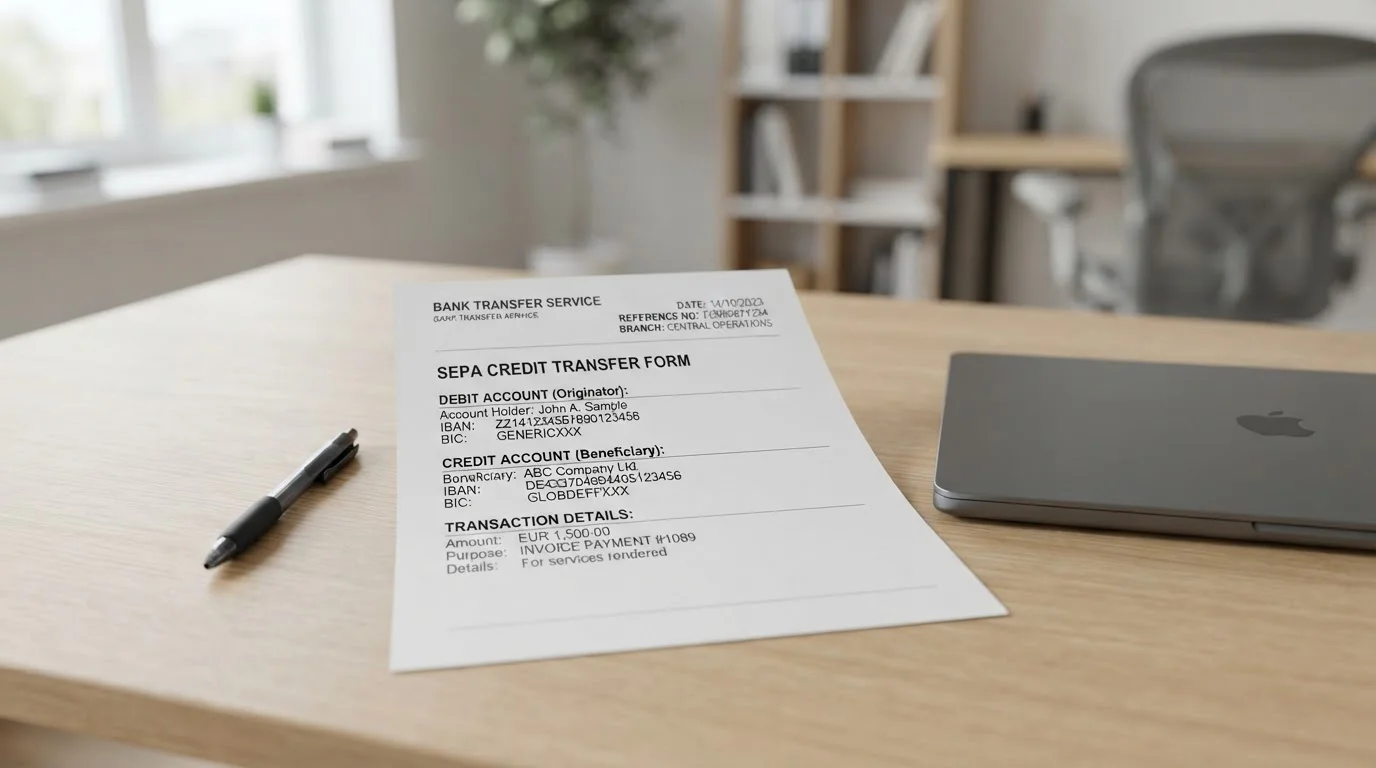 Documento de transferencia bancaria SEPA con datos de cuenta y código de seguridad