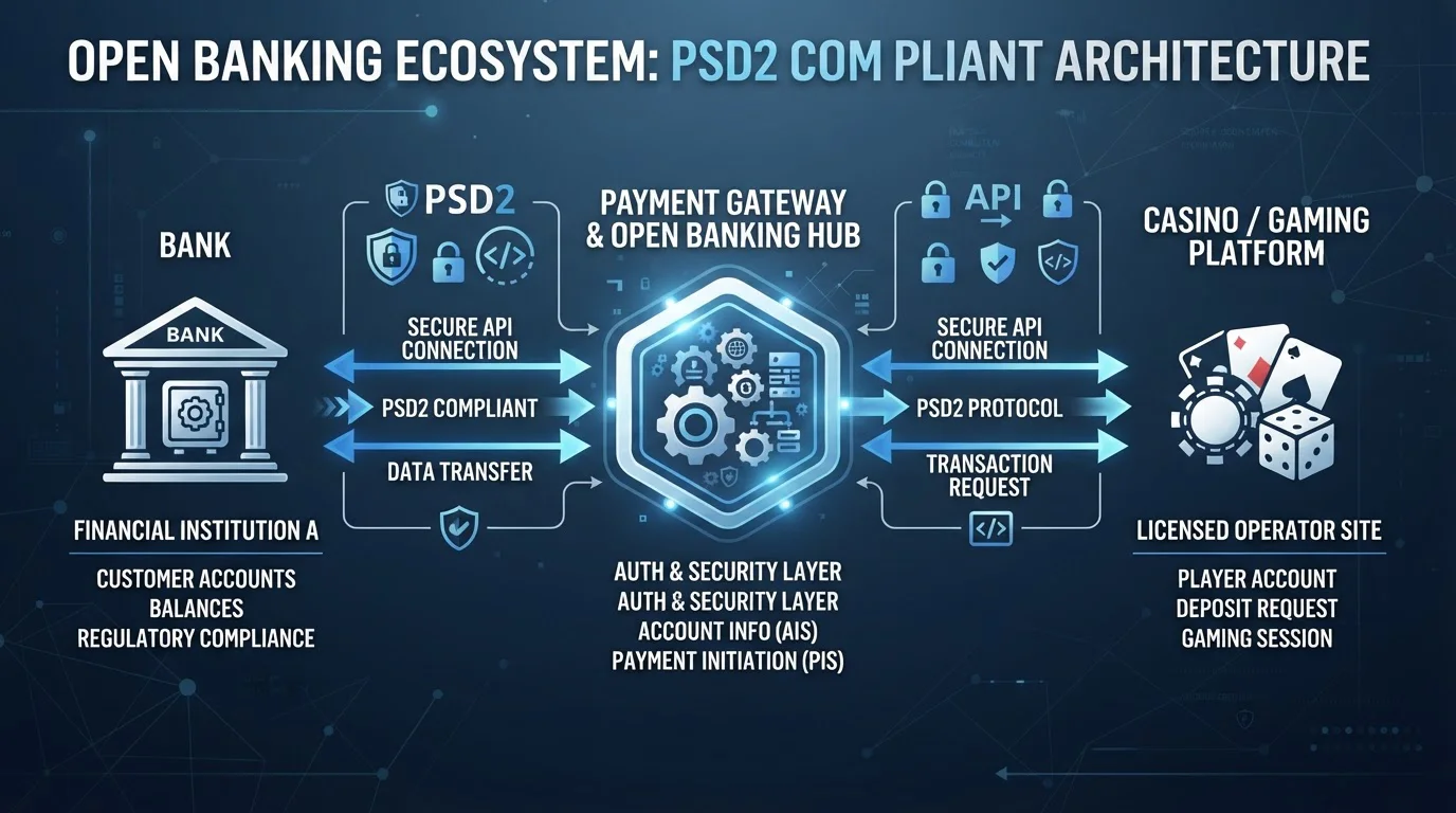 Diagrama flujo Open Banking PSD2 conectando banco con casino via Trustly