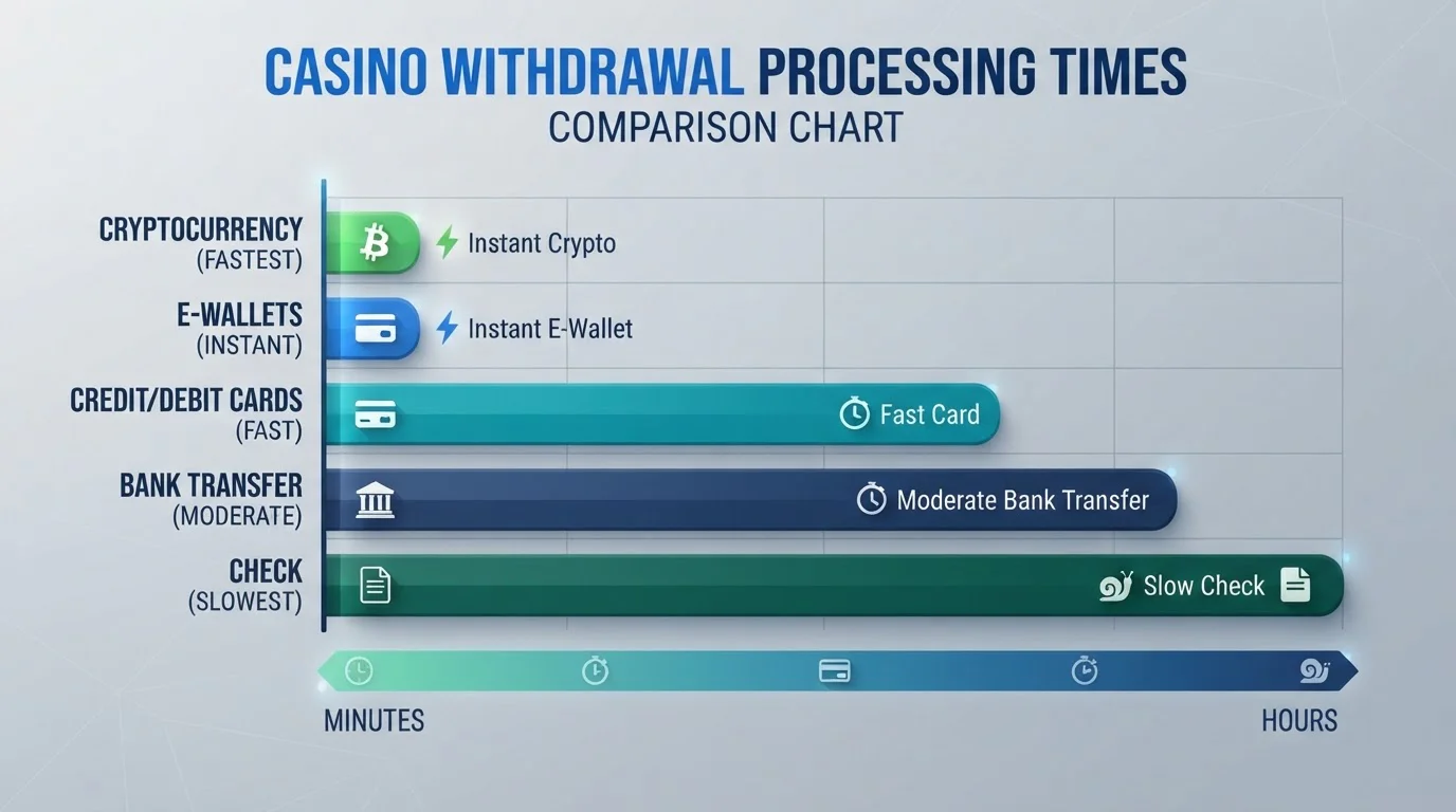 Gráfico de tiempos de procesamiento y límites de retiro comparados entre diferentes casinos crypto