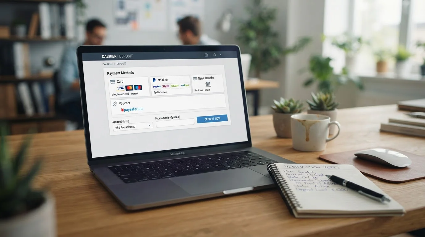 Interfaz de cajero de casino online mostrando métodos de pago disponibles sin MiFinity