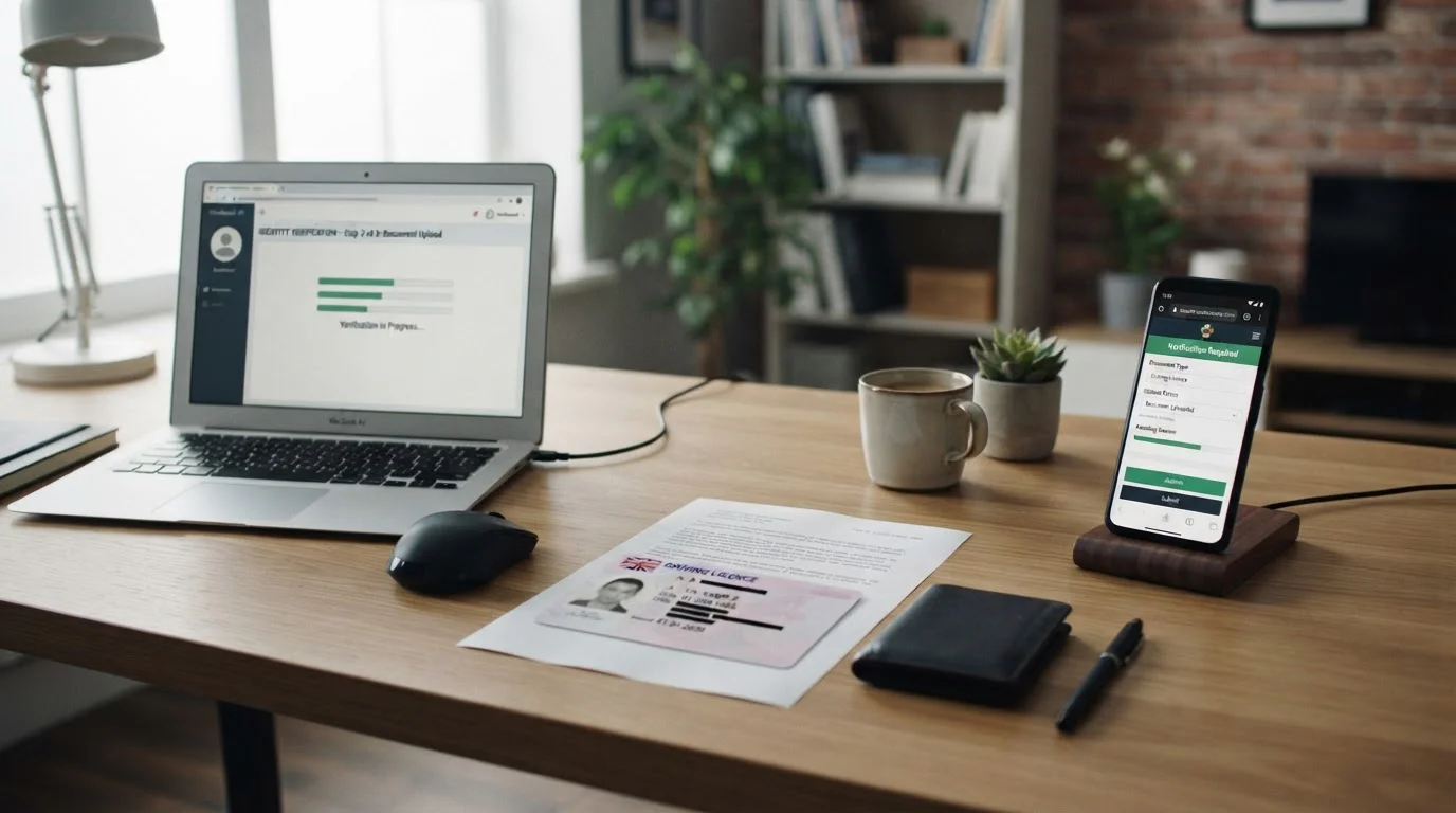 Escritorio con documento de identidad, smartphone mostrando formulario de verificación KYC y laptop abierta