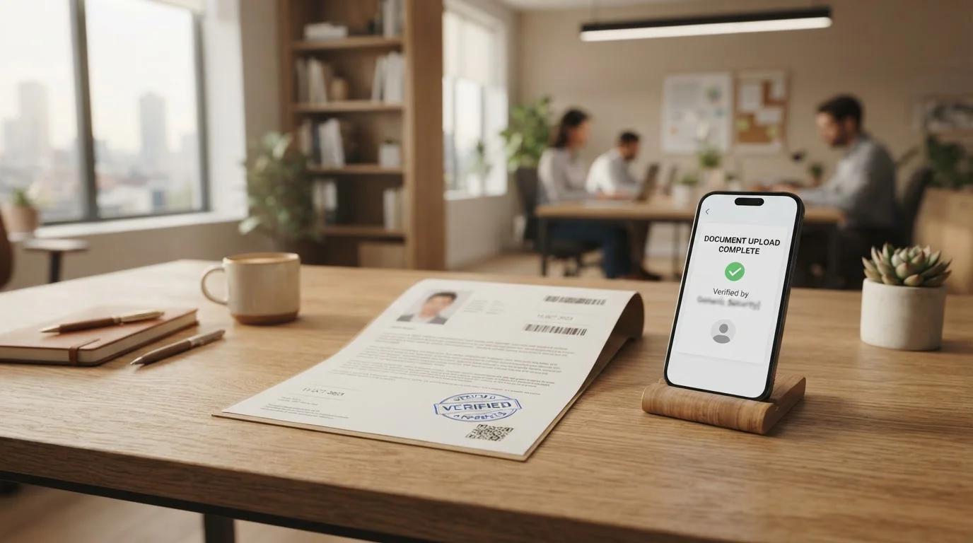 Documento oficial de verificación KYC con sello de aprobación junto a smartphone