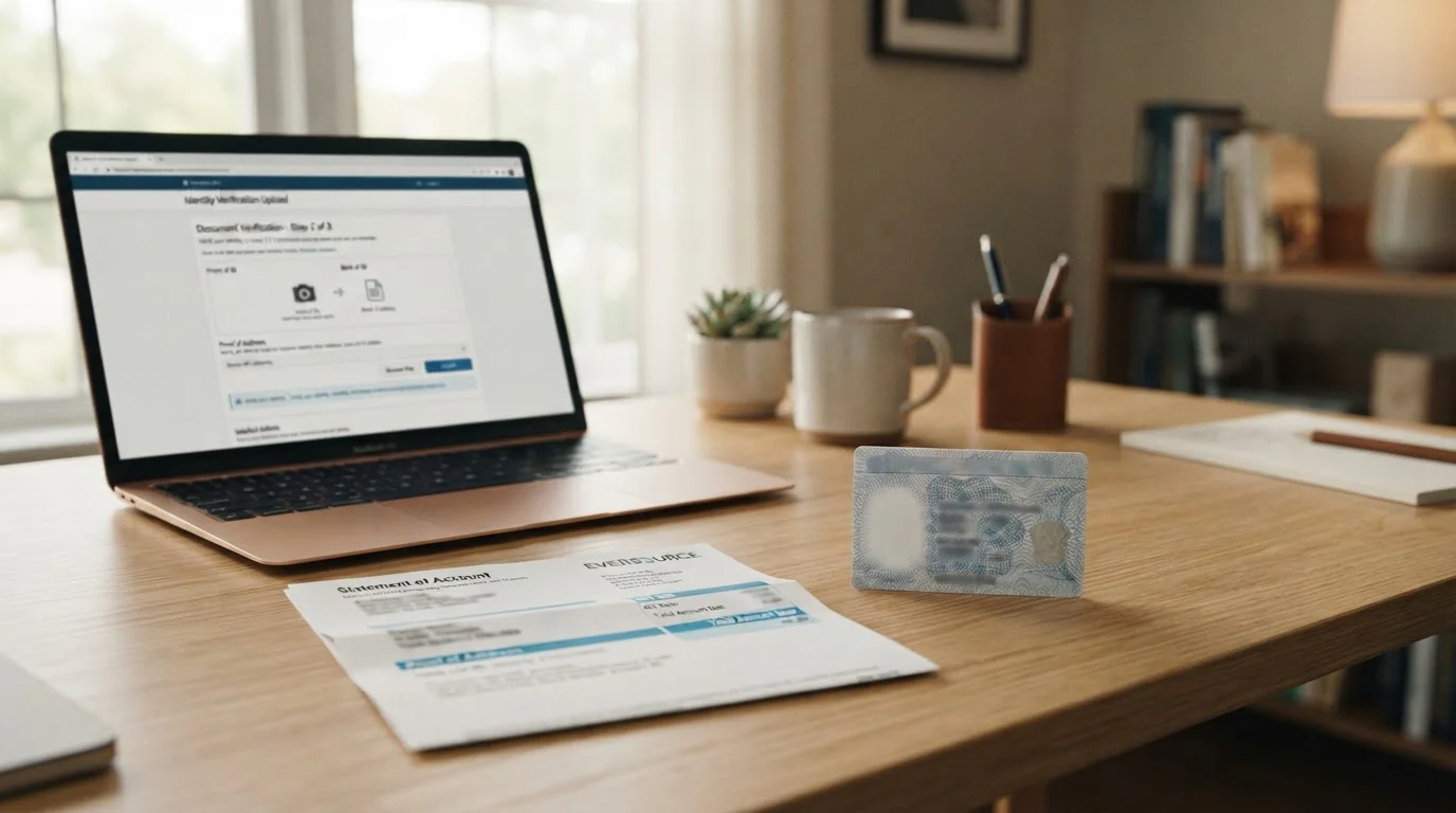 Documentos de verificación KYC con DNI y justificante domicilio sobre escritorio