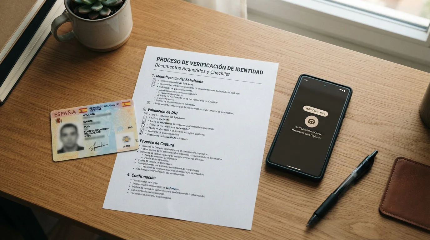 Proceso de verificación KYC con documentos de identidad en mesa de trabajo