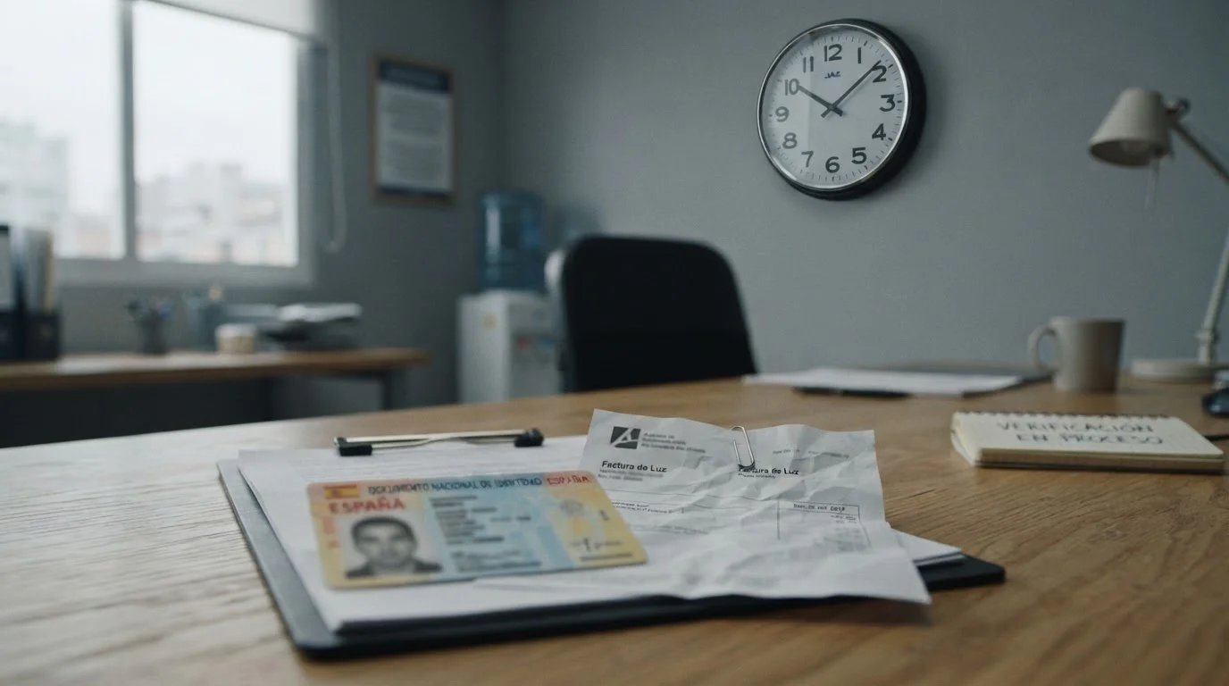 Documentos de verificación DNI y comprobante domicilio sobre escritorio con reloj mostrando paso del tiempo