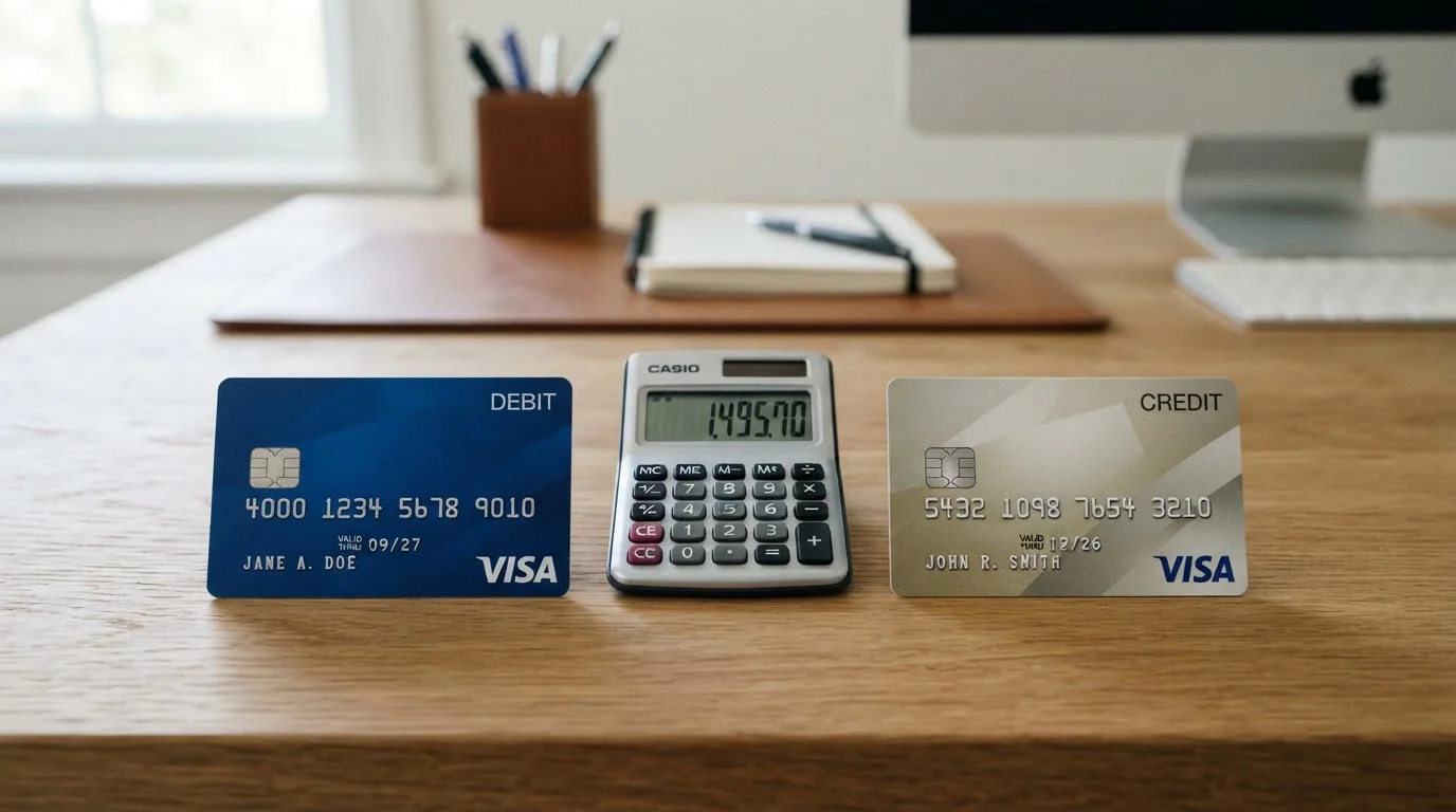 Tarjetas Visa débito y crédito lado a lado con calculadora