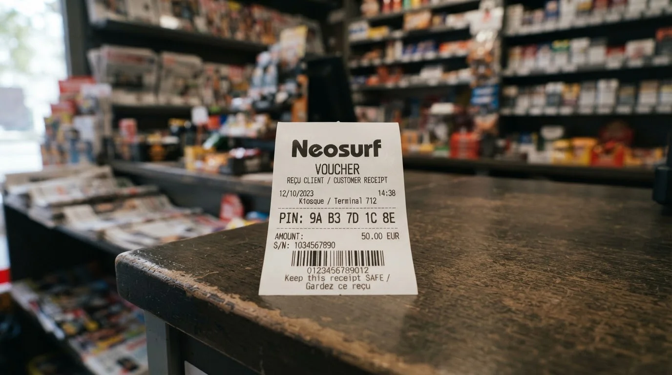 Voucher Neosurf físico con código PIN de 10 dígitos visible junto a punto de venta en quiosco