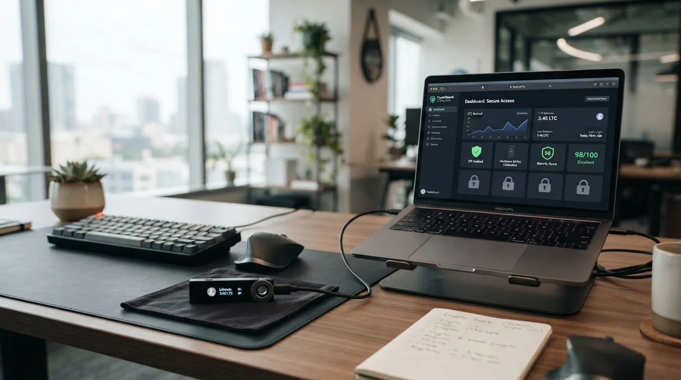 Hardware wallet dispositivo sobre escritorio con logo Litecoin en pantalla, laptop mostrando características de seguridad
