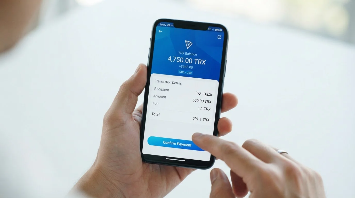 Pantalla de smartphone con wallet TronLink abierta mostrando saldo en TRX