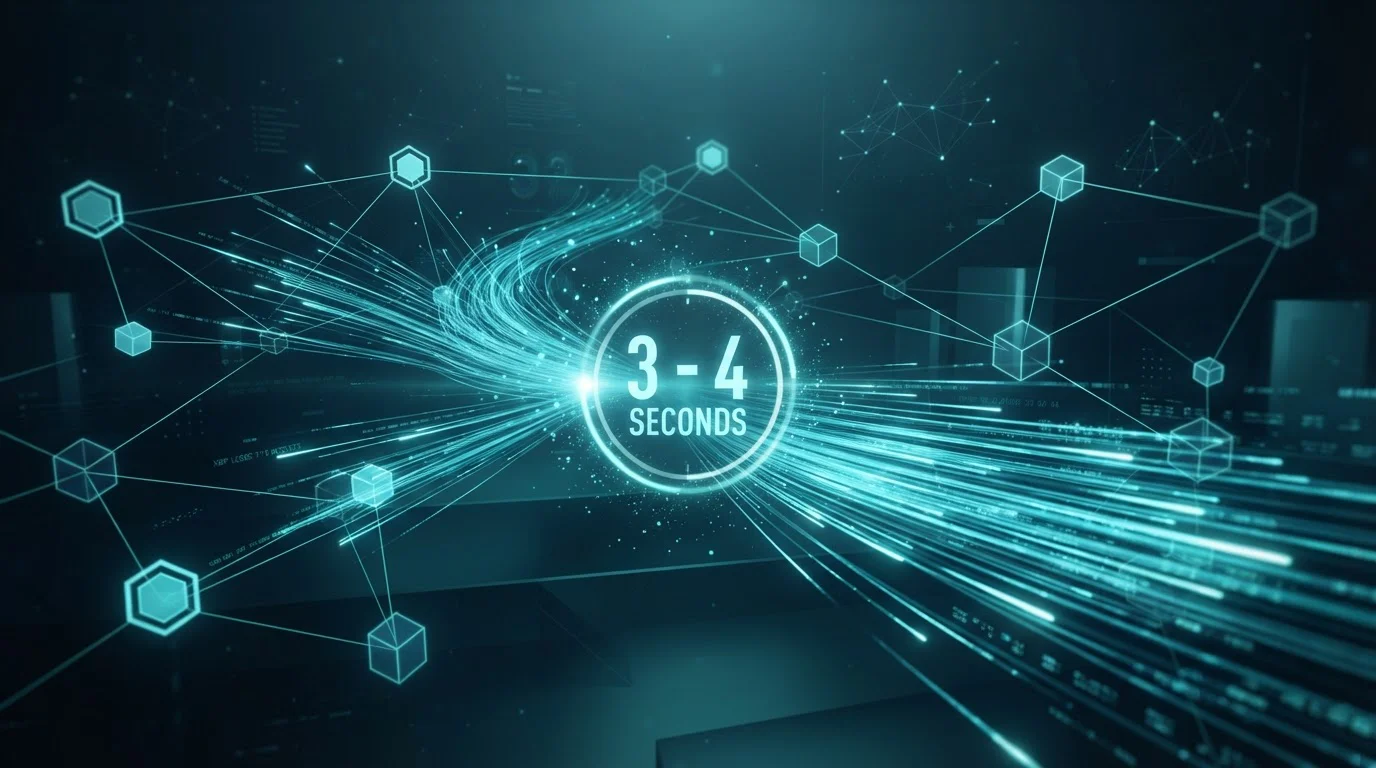 Visualización abstracta de velocidad del XRP Ledger con trazos de luz y temporizador mostrando 3-4 segundos